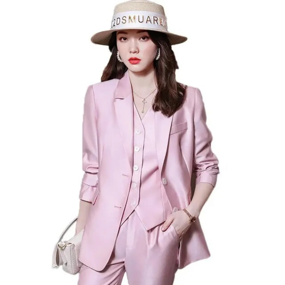 2022 moda nuove signore affari abiti in tinta unita pantaloni gilet / blazer rosa pendolari giacca pantaloni gilet da donna