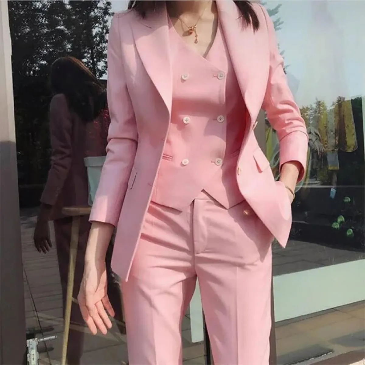 2022 moda nuove signore affari abiti in tinta unita pantaloni gilet / blazer rosa pendolari giacca pantaloni gilet da donna