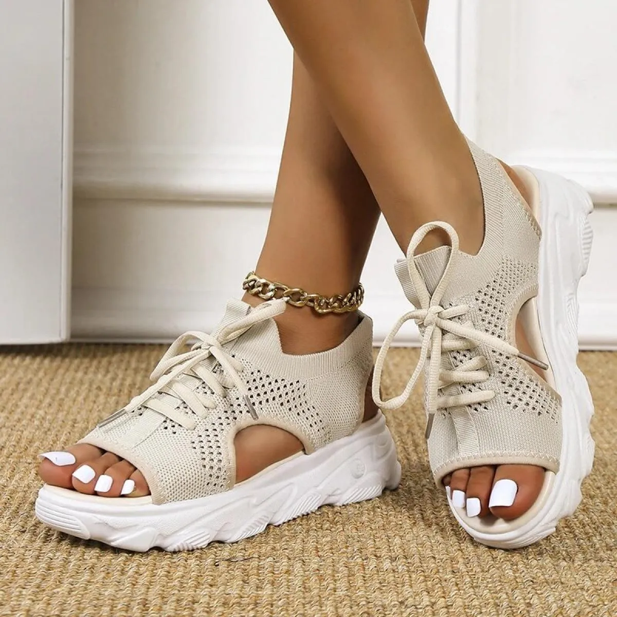 2023 Donne di Estate Sandali Maglia Scarpe Casual Bianco Con La Suola Spessa Lace Up Sandali Open Toe Scarpe da Spiaggia per Le