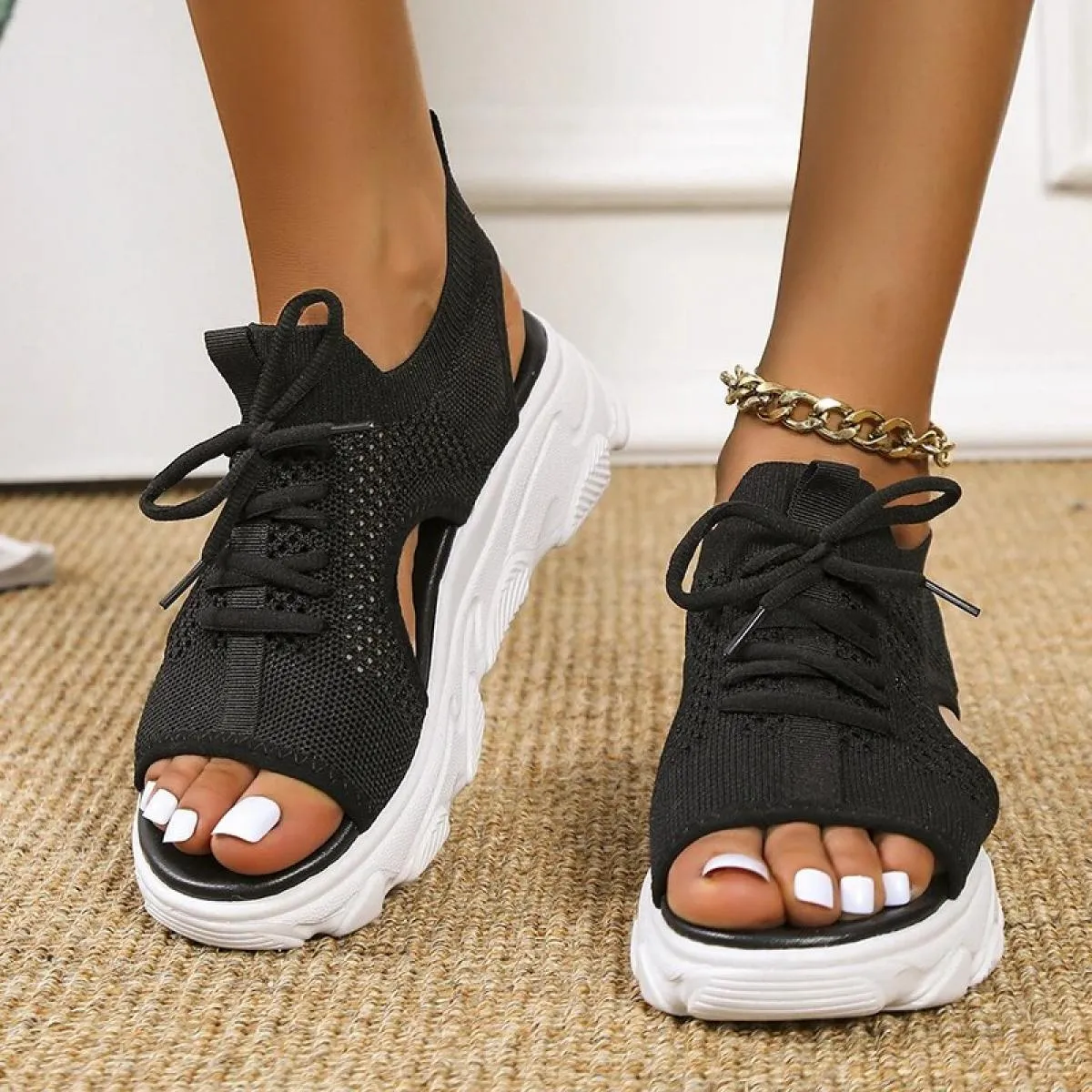 2023 Donne di Estate Sandali Maglia Scarpe Casual Bianco Con La Suola Spessa Lace Up Sandali Open Toe Scarpe da Spiaggia per Le