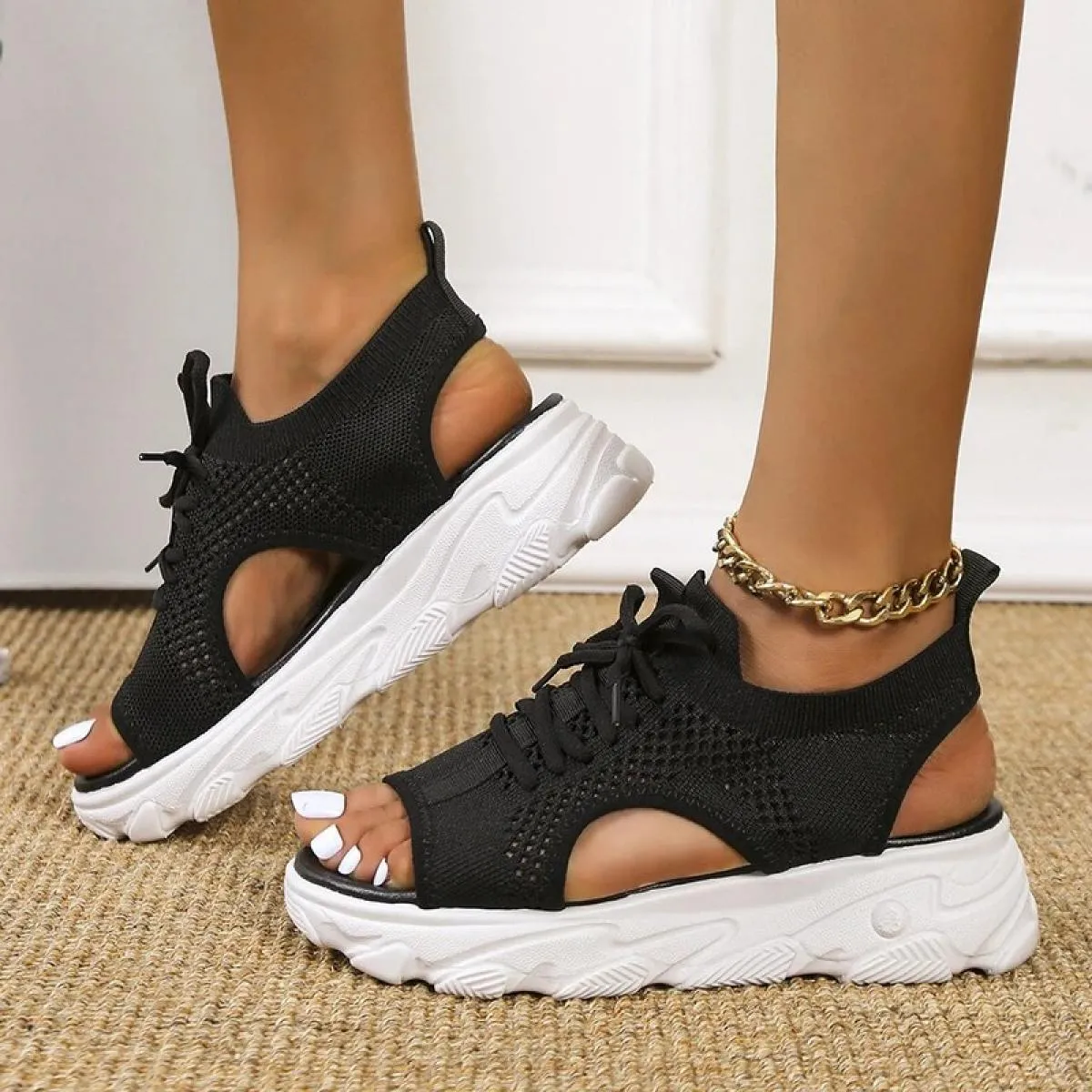 2023 Donne di Estate Sandali Maglia Scarpe Casual Bianco Con La Suola Spessa Lace Up Sandali Open Toe Scarpe da Spiaggia per Le