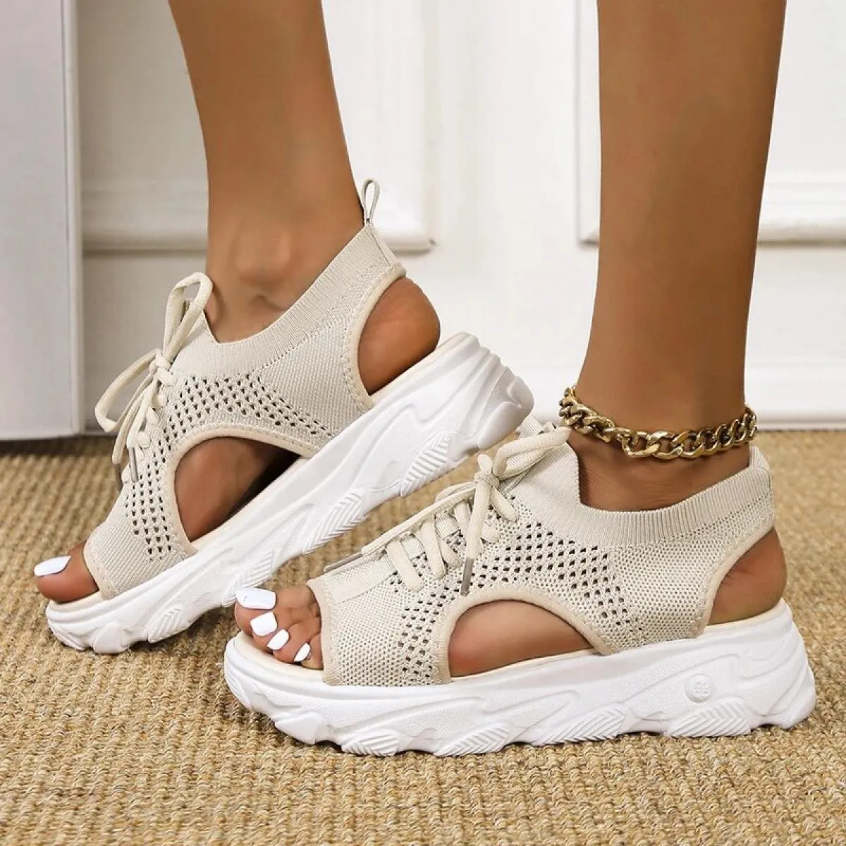 2023 Donne di Estate Sandali Maglia Scarpe Casual Bianco Con La Suola Spessa Lace Up Sandali Open Toe Scarpe da Spiaggia per Le