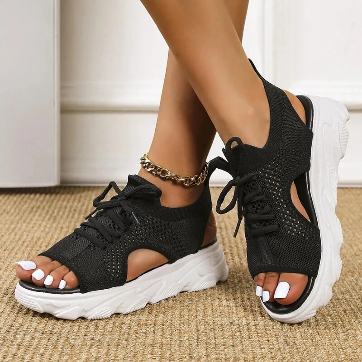 2023 Donne di Estate Sandali Maglia Scarpe Casual Bianco Con La Suola Spessa Lace Up Sandali Open Toe Scarpe da Spiaggia per Le