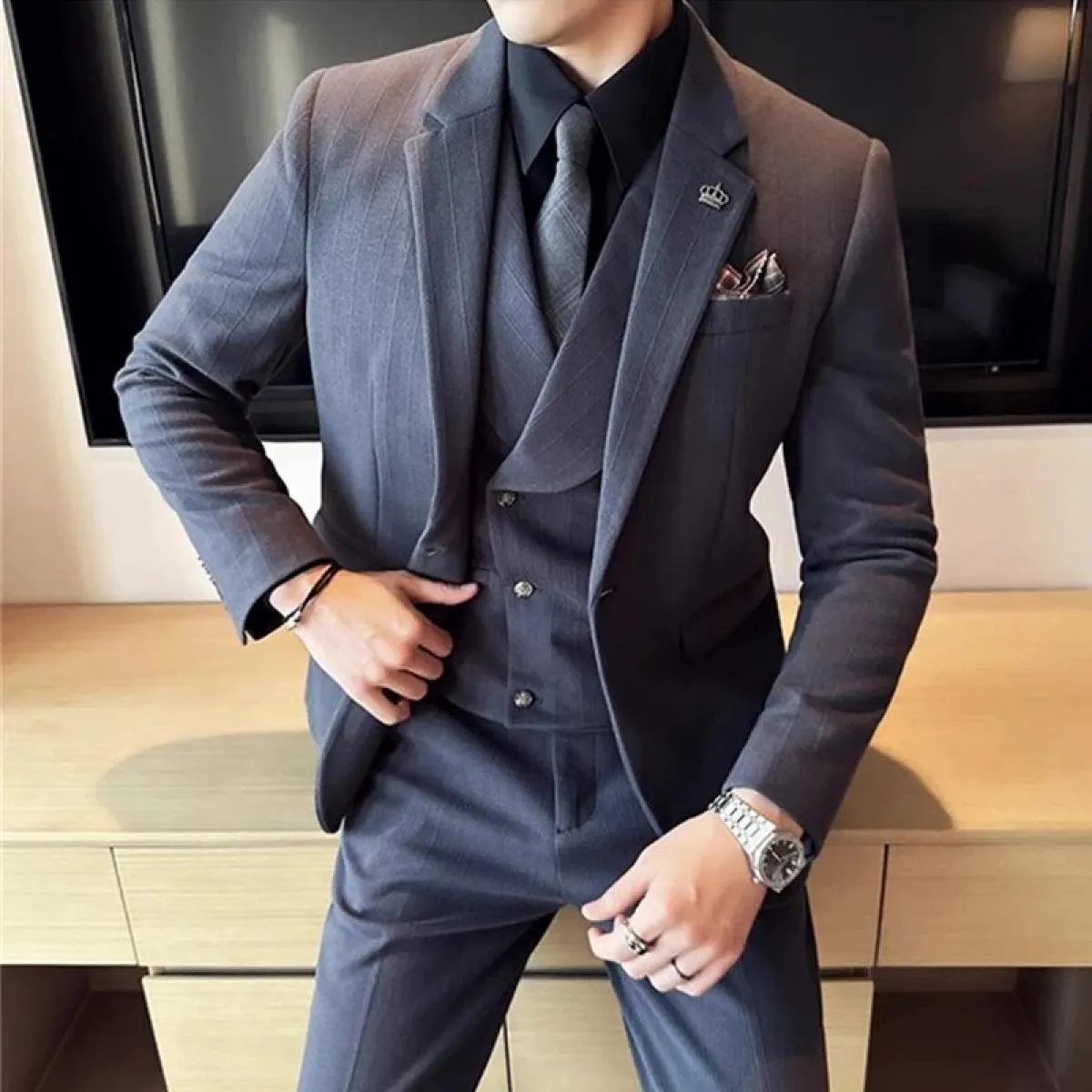 2023 moda nuovi uomini blazer boutique business plaid di lana a righe abito da sposa host 3 pezzi giacca cappotto gilet pantalon