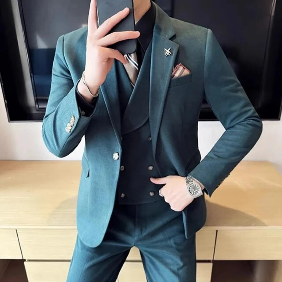 2023 moda nuovi uomini blazer boutique business plaid di lana a righe abito da sposa host 3 pezzi giacca cappotto gilet pantalon