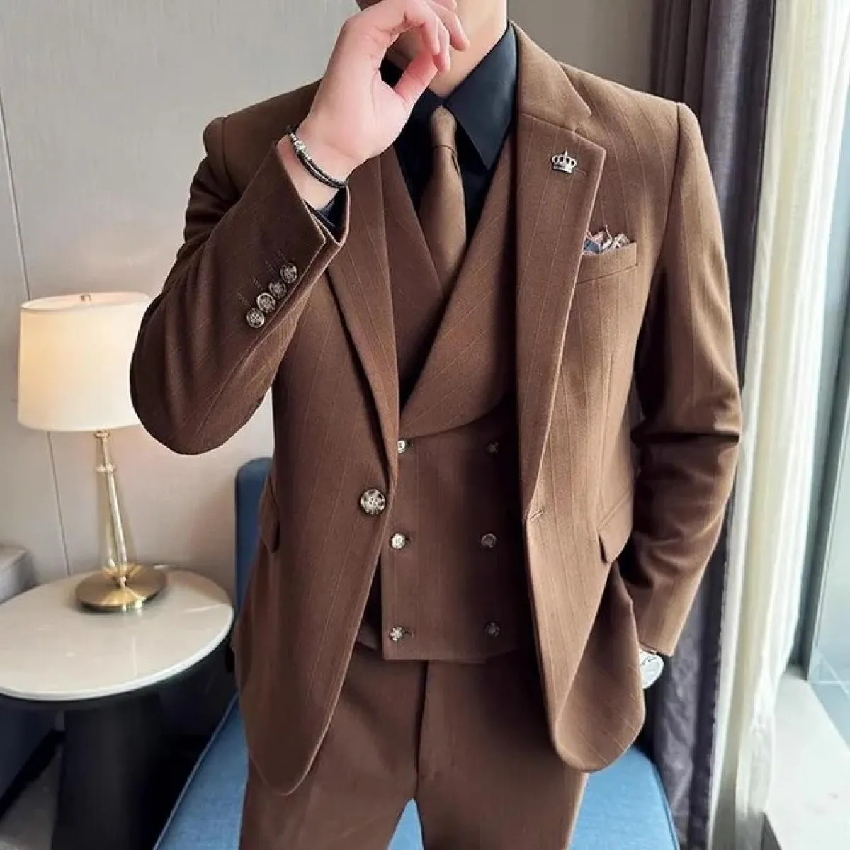 2023 moda nuovi uomini blazer boutique business plaid di lana a righe abito da sposa host 3 pezzi giacca cappotto gilet pantalon