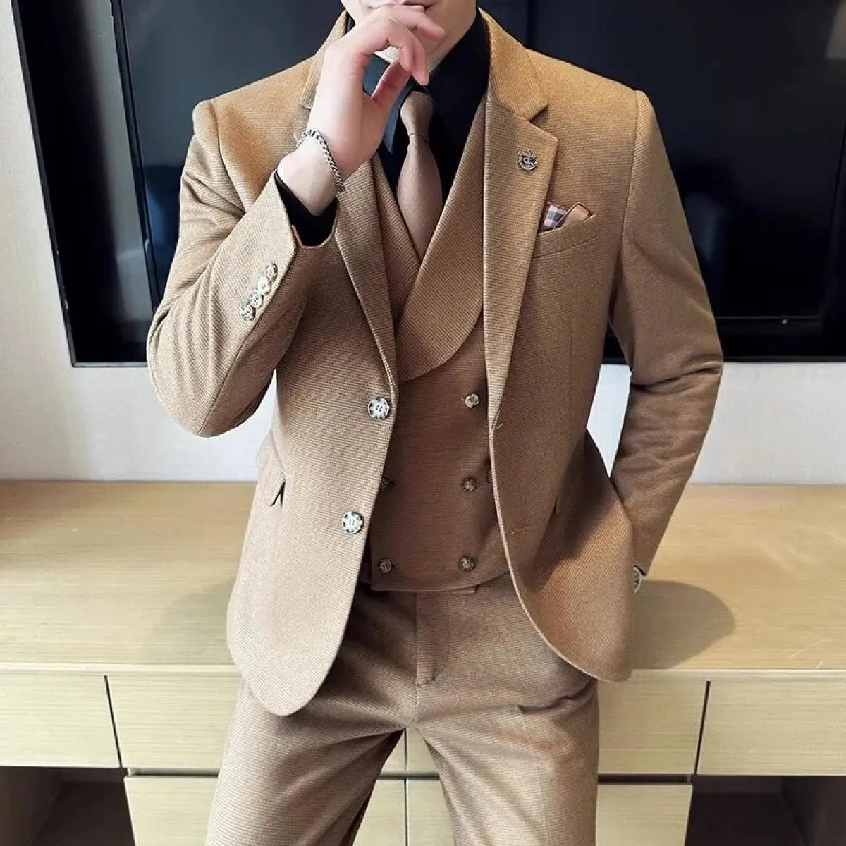 2023 moda nuovi uomini blazer boutique business plaid di lana a righe abito da sposa host 3 pezzi giacca cappotto gilet pantalon