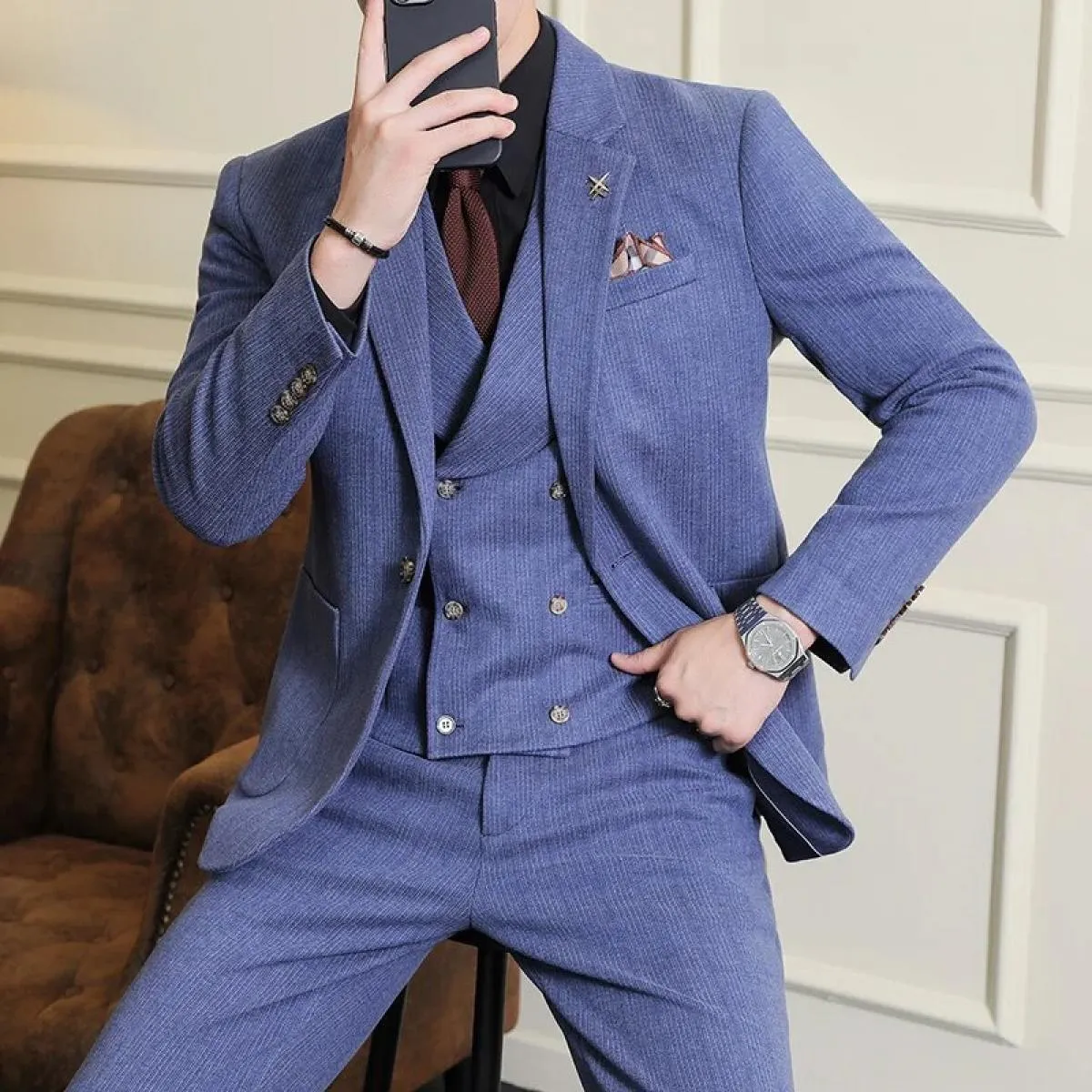 2023 moda nuovi uomini blazer boutique business plaid di lana a righe abito da sposa host 3 pezzi giacca cappotto gilet pantalon