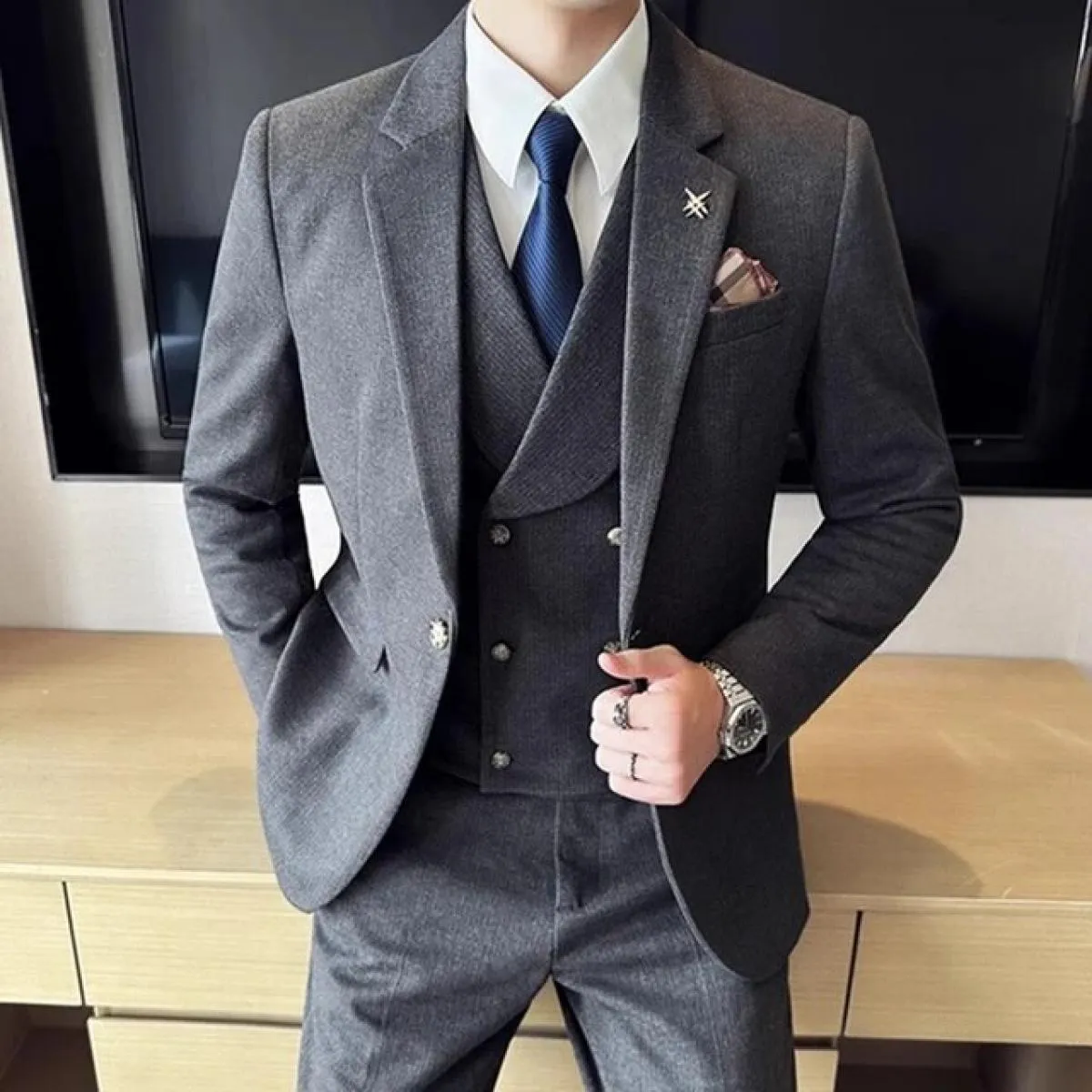 2023 moda nuovi uomini blazer boutique business plaid di lana a righe abito da sposa host 3 pezzi giacca cappotto gilet pantalon