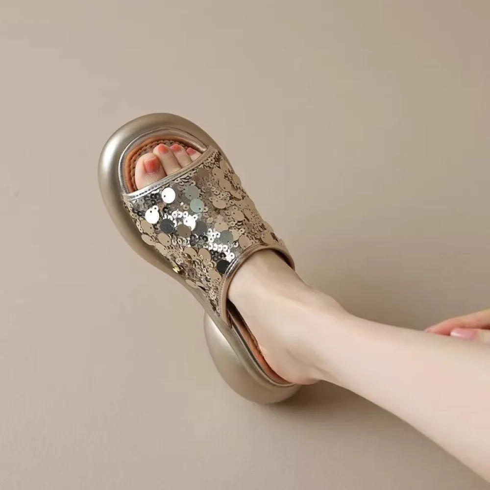 Abbigliamento esterno alla moda Pantofole da donna romane con suola spessa, sandali versatili con paillettes a una linea, piatta