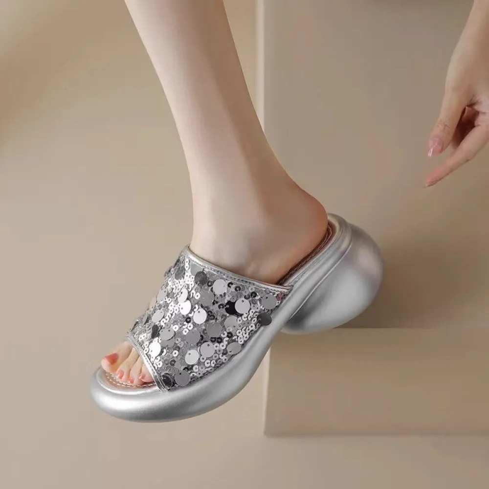 Abbigliamento esterno alla moda Pantofole da donna romane con suola spessa, sandali versatili con paillettes a una linea, piatta