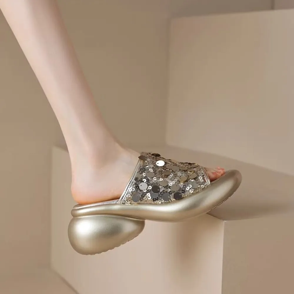 Abbigliamento esterno alla moda Pantofole da donna romane con suola spessa, sandali versatili con paillettes a una linea, piatta