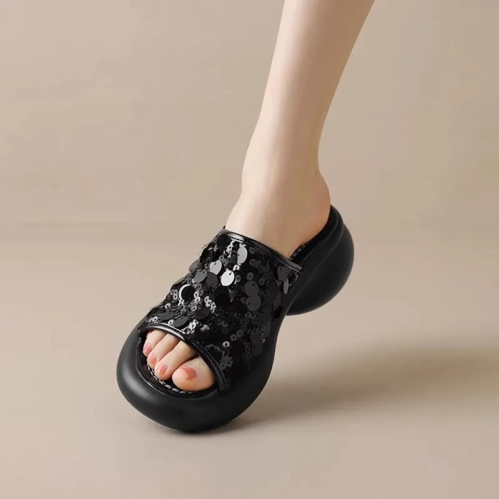 Abbigliamento esterno alla moda Pantofole da donna romane con suola spessa, sandali versatili con paillettes a una linea, piatta