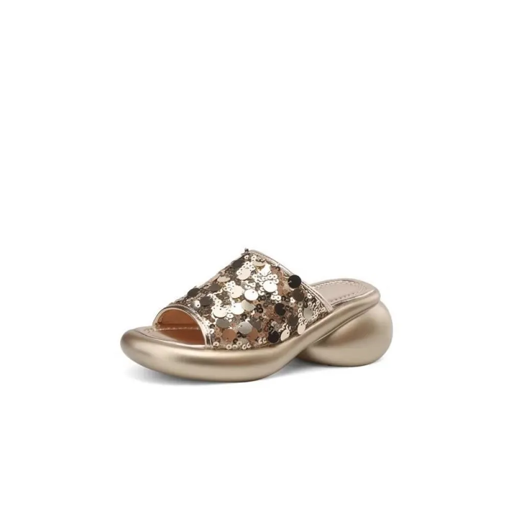 Abbigliamento esterno alla moda Pantofole da donna romane con suola spessa, sandali versatili con paillettes a una linea, piatta