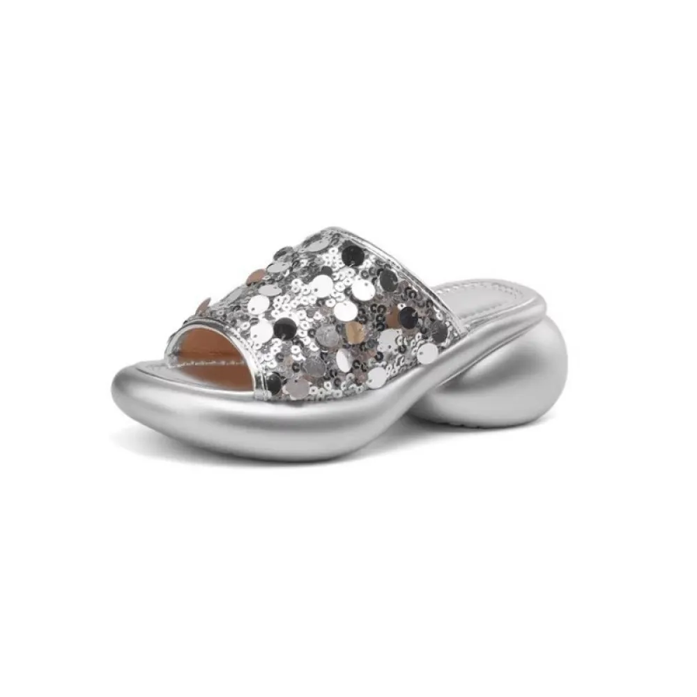 Abbigliamento esterno alla moda Pantofole da donna romane con suola spessa, sandali versatili con paillettes a una linea, piatta