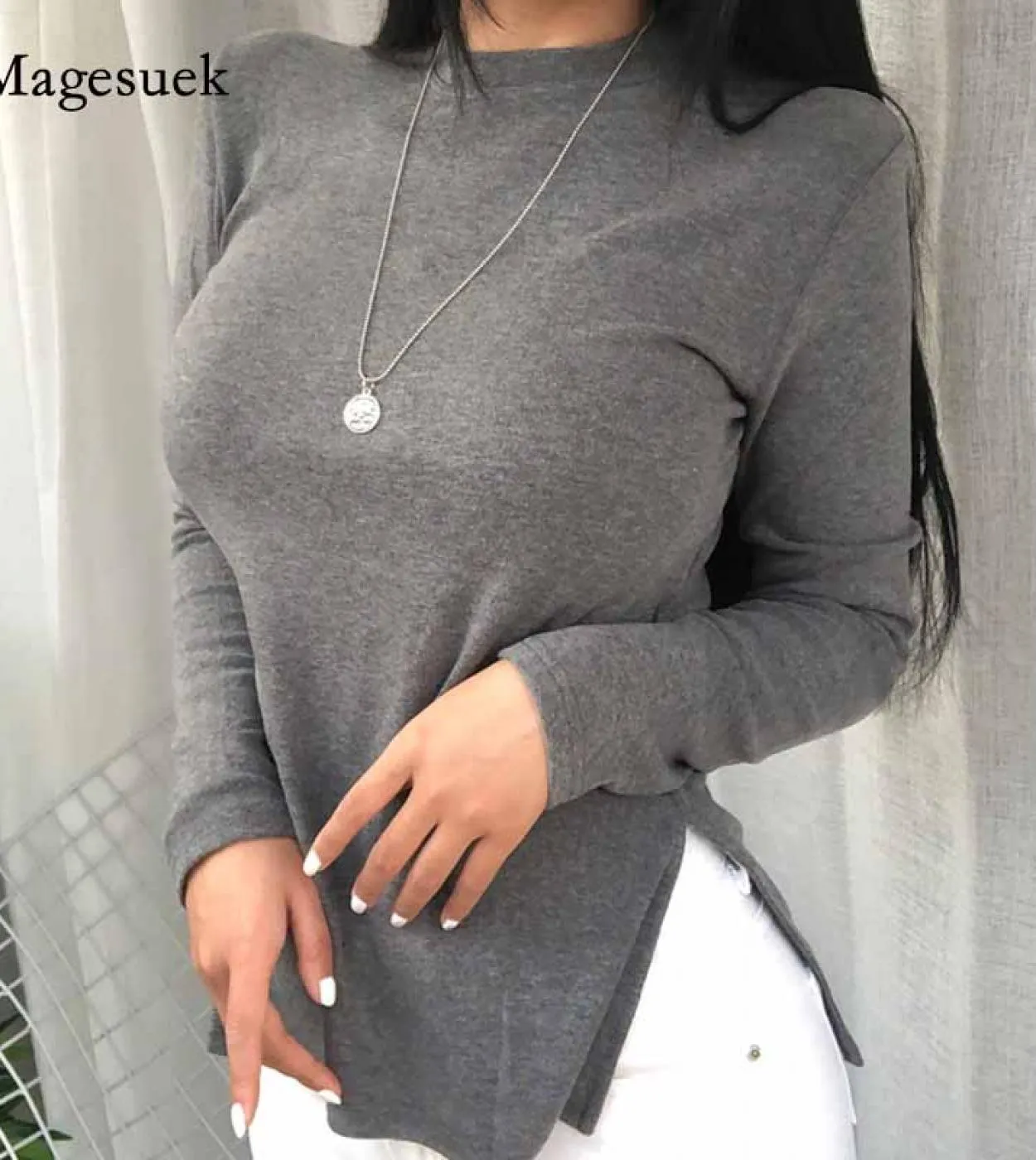 Abiti in lana chic Slim Fit Solid Office Lady Top Autunno e inverno O Collo Donna Camicie Vintage Donna T Shirt 10708ts