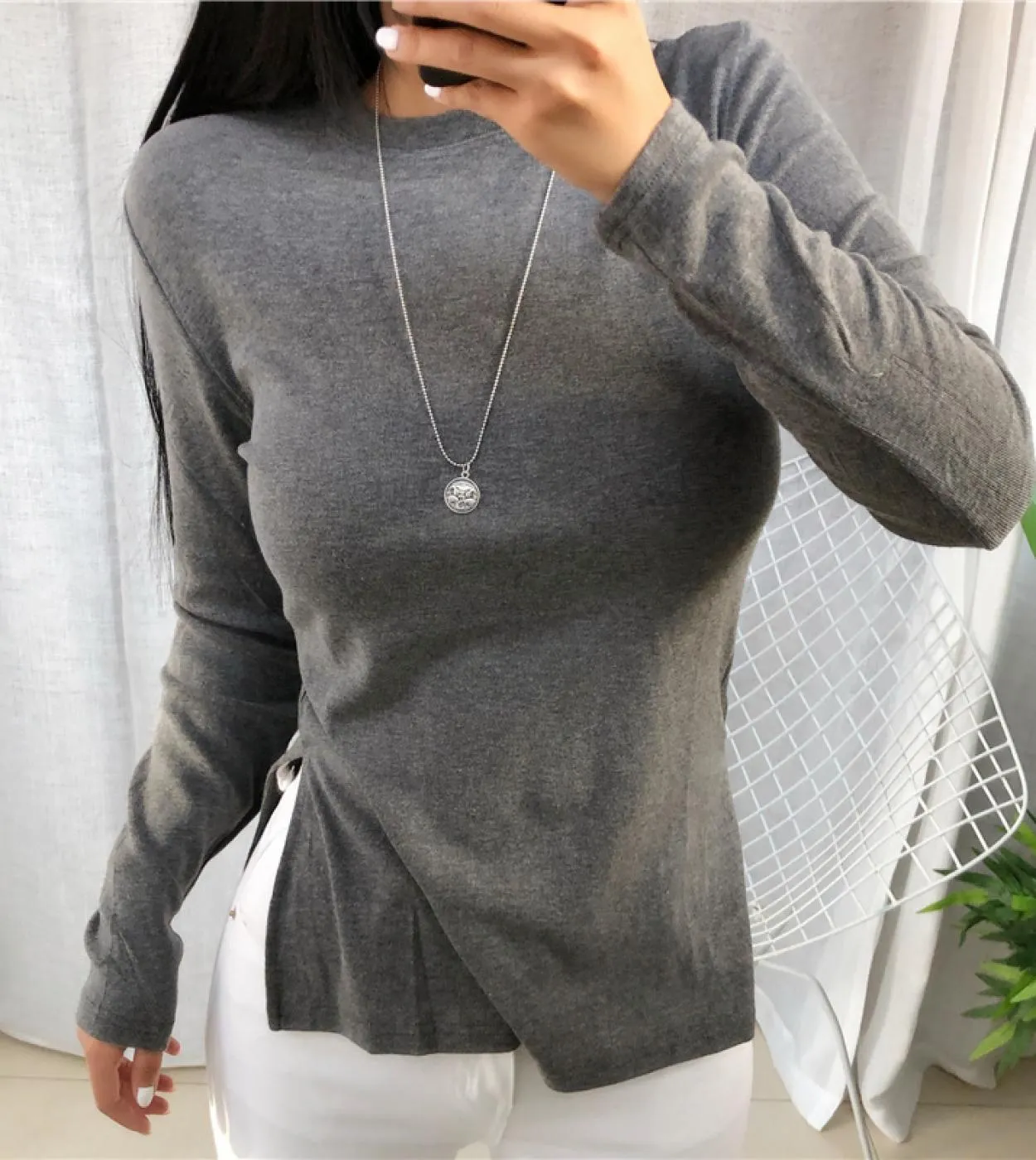 Abiti in lana chic Slim Fit Solid Office Lady Top Autunno e inverno O Collo Donna Camicie Vintage Donna T Shirt 10708ts