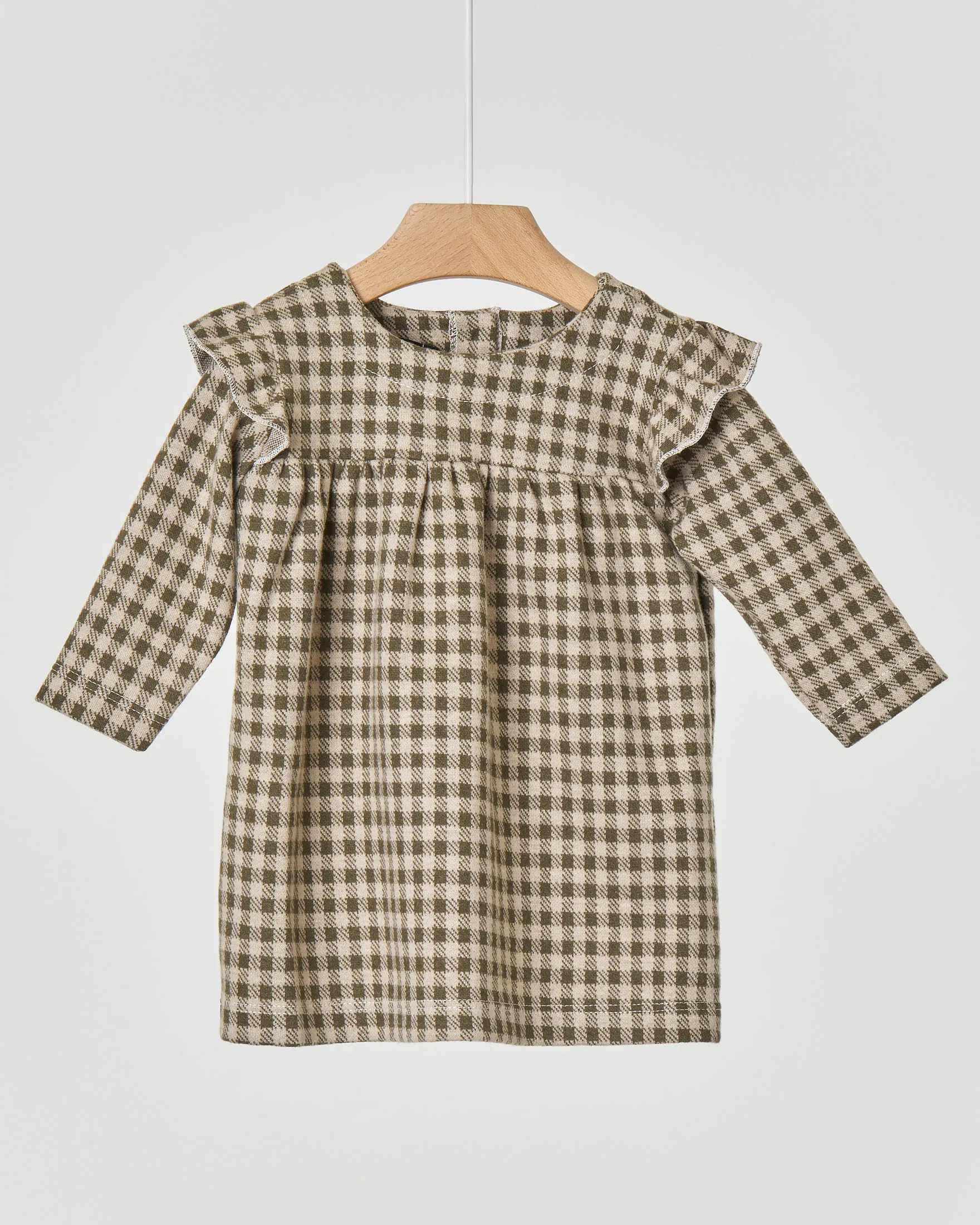 Abitino a quadretti verdi militare e beige con rouches 9-18 mesi