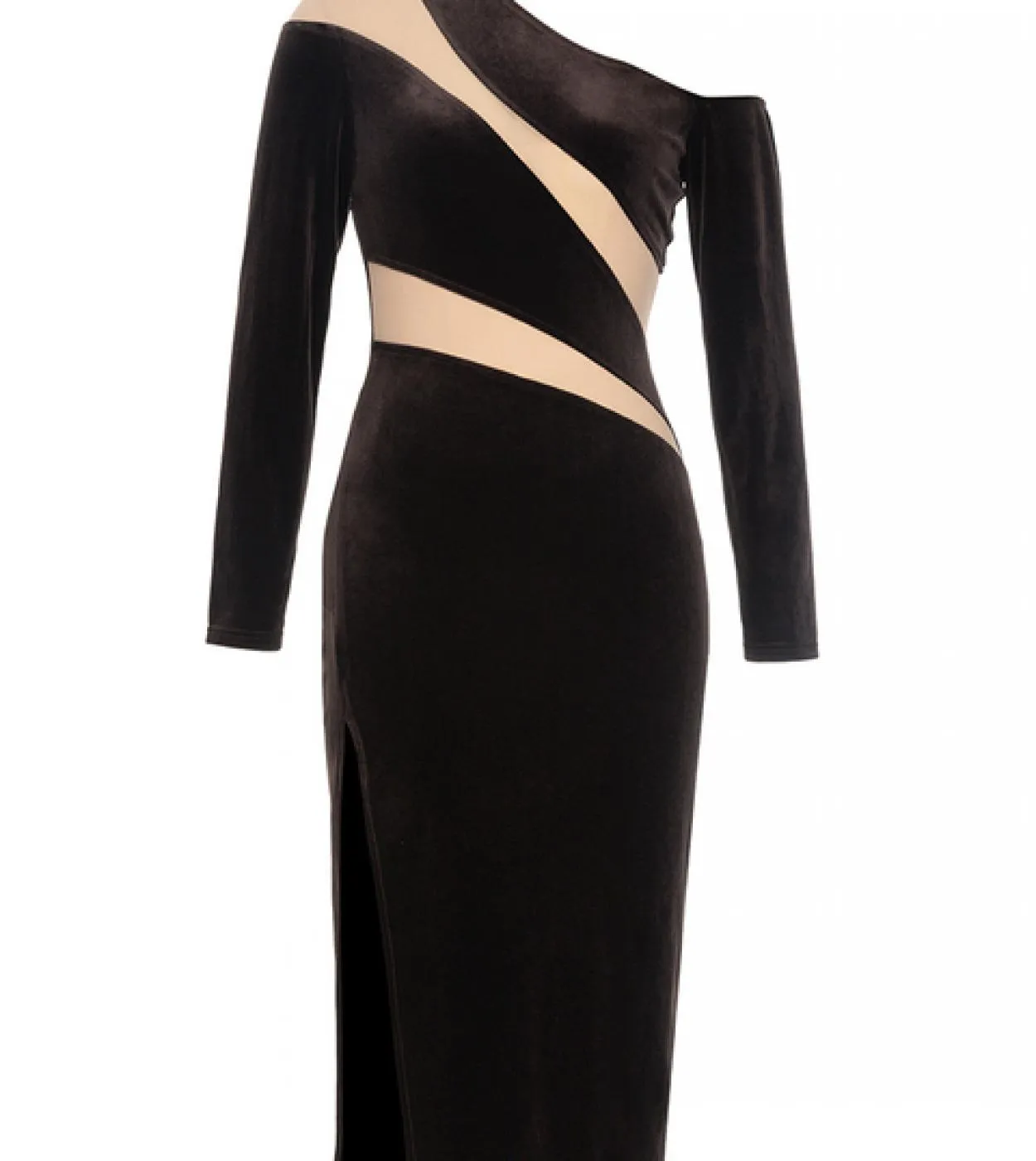 Abito aderente in velluto con patchwork in pizzo con scollo a V Elegante abito longuette a maniche lunghe in rete con spacco pat
