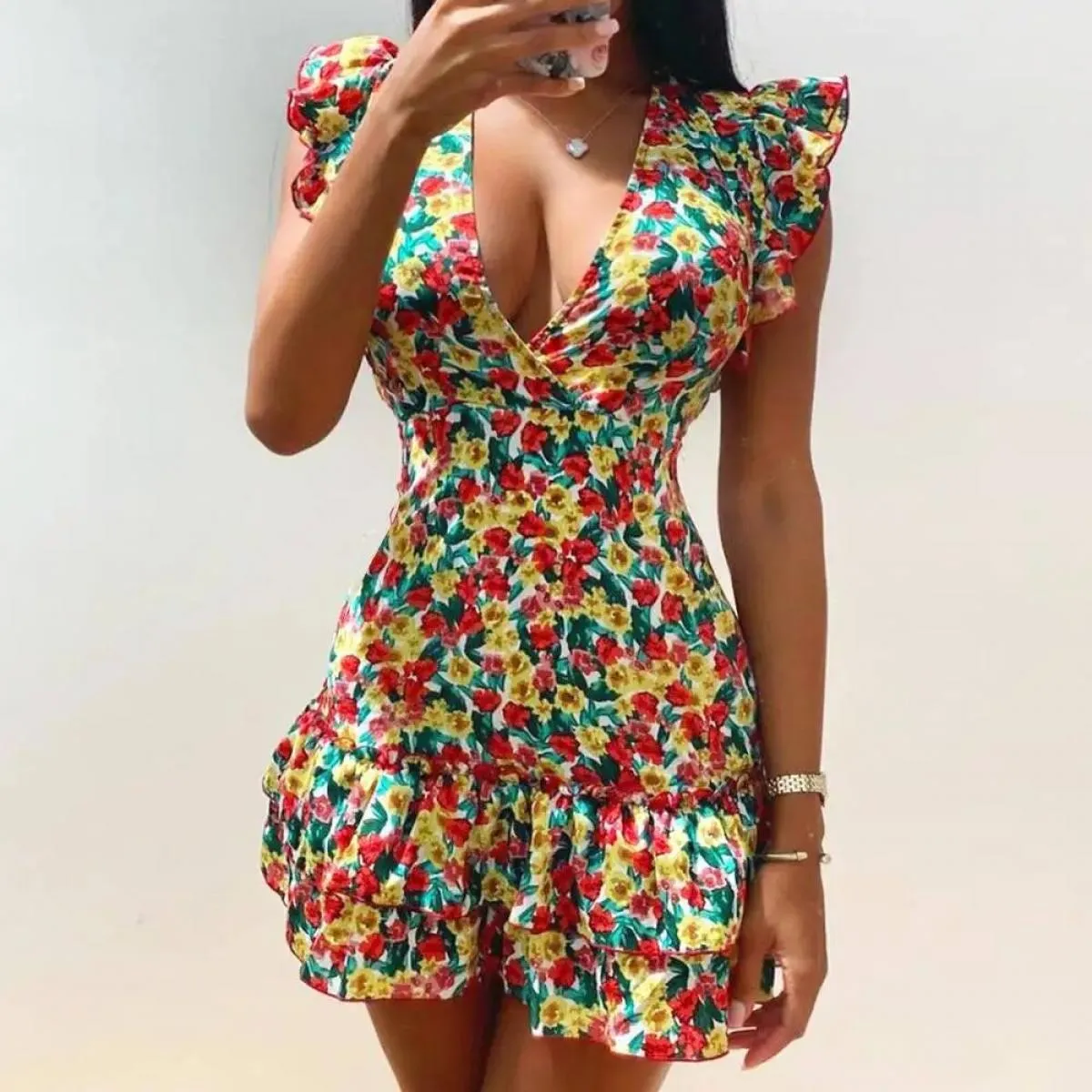 Abito da donna vintage floreale con scollo a V per donna 2024 Summer Beach Bohemian Club Shor Gonna elegante femminile  Crop