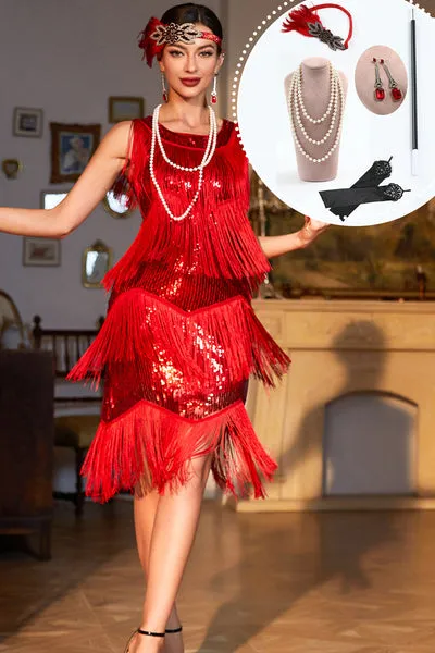 Abito Gatsby con frange di paillettes rosso scintillante del 1920 con accessori anni '20