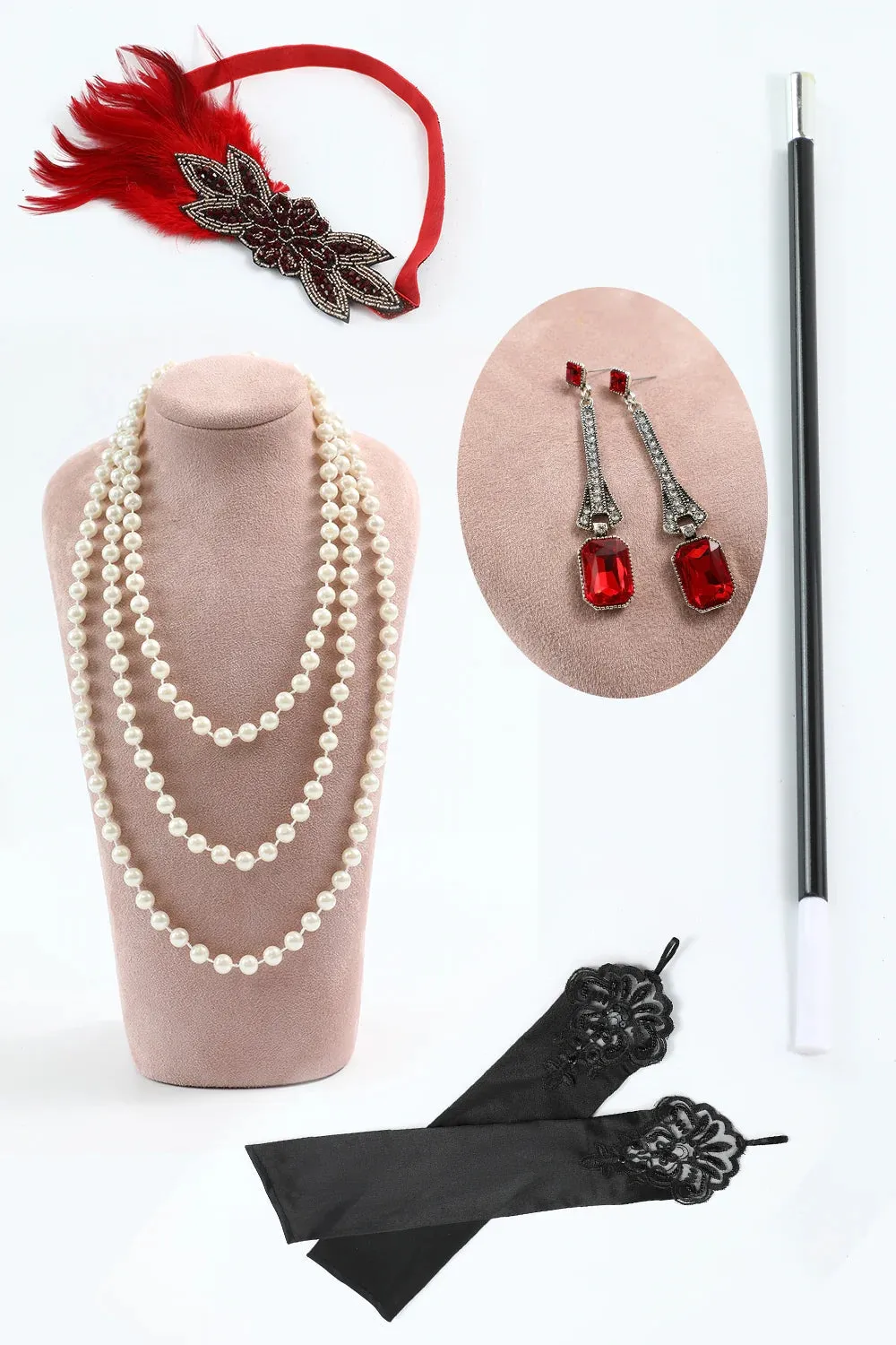 Abito Gatsby con frange di paillettes rosso scintillante del 1920 con accessori anni '20