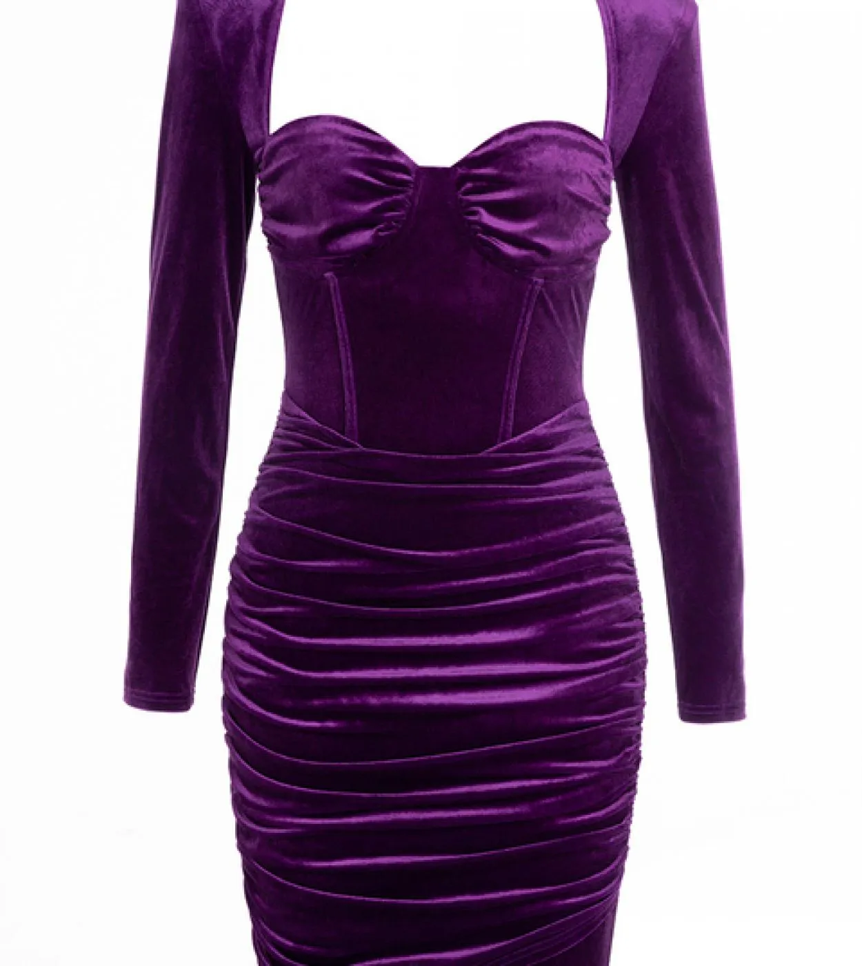 Abito in velluto arricciato a maniche lunghe con scollo quadrato Elegante mini abito aderente drappeggiato viola Donna Skinny Pa