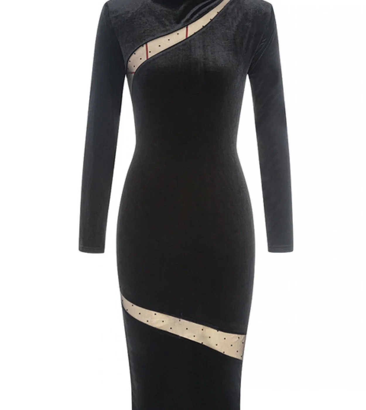 Abito longuette in maglia a maniche lunghe in velluto a collo alto Elegante abito aderente aderente con patchwork a maniche lung