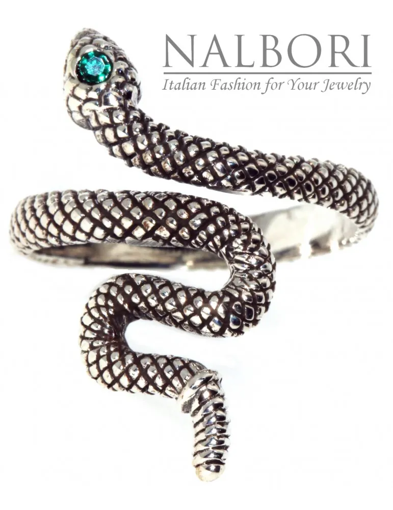 anello serpente argento 925 zircone verde smeraldo donna