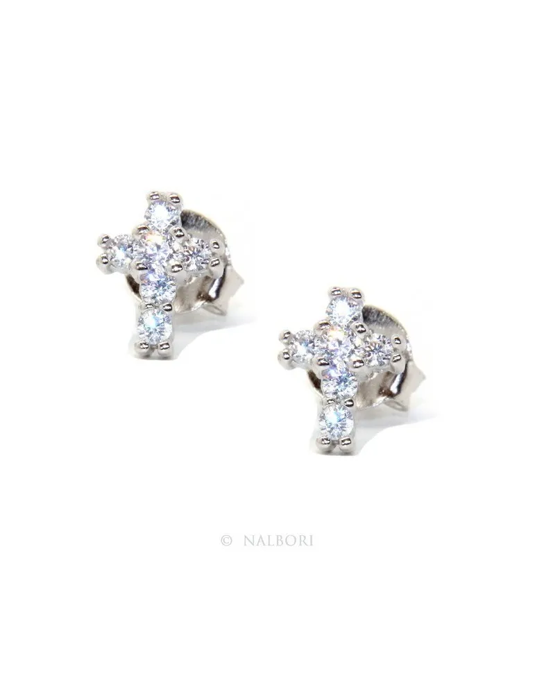 Argento 925 : orecchini uomo/donna punto luce croce piccoli zircone bianco