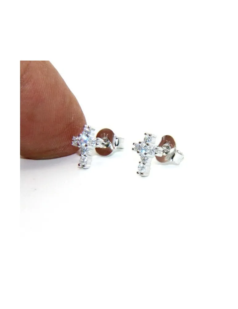 Argento 925 : orecchini uomo/donna punto luce croce piccoli zircone bianco