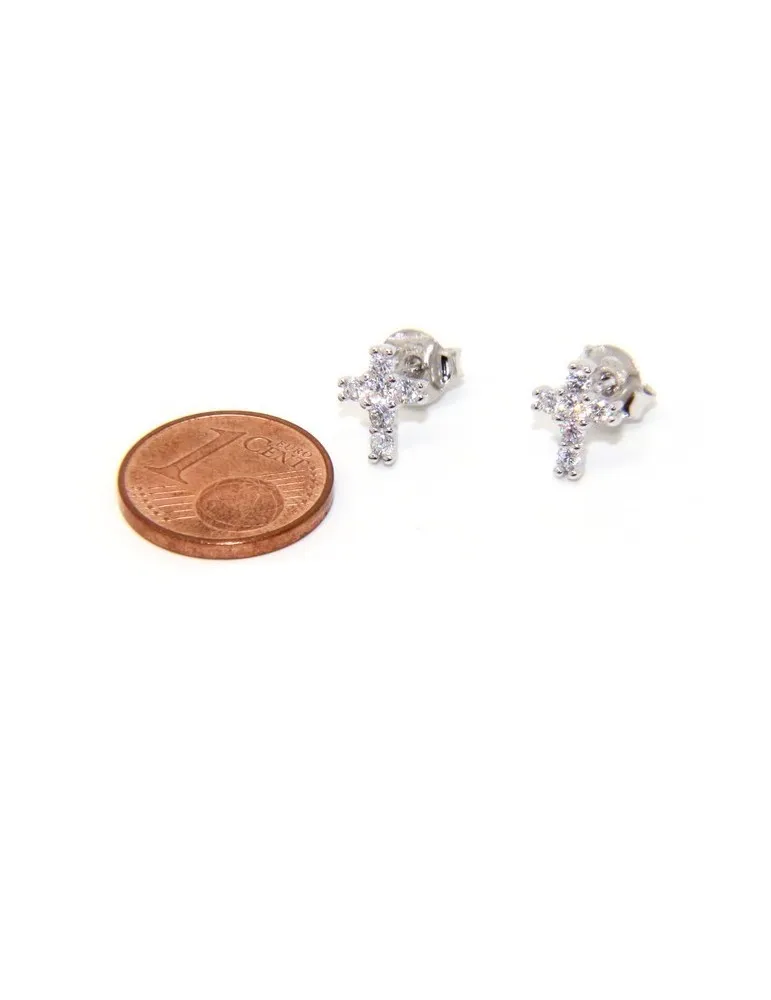 Argento 925 : orecchini uomo/donna punto luce croce piccoli zircone bianco