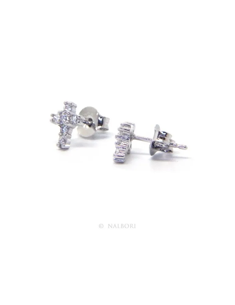 Argento 925 : orecchini uomo/donna punto luce croce piccoli zircone bianco