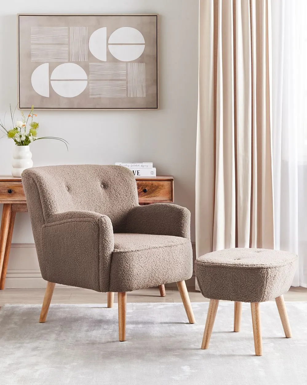 Armchair TUMBA with Footstool Boucle Brown