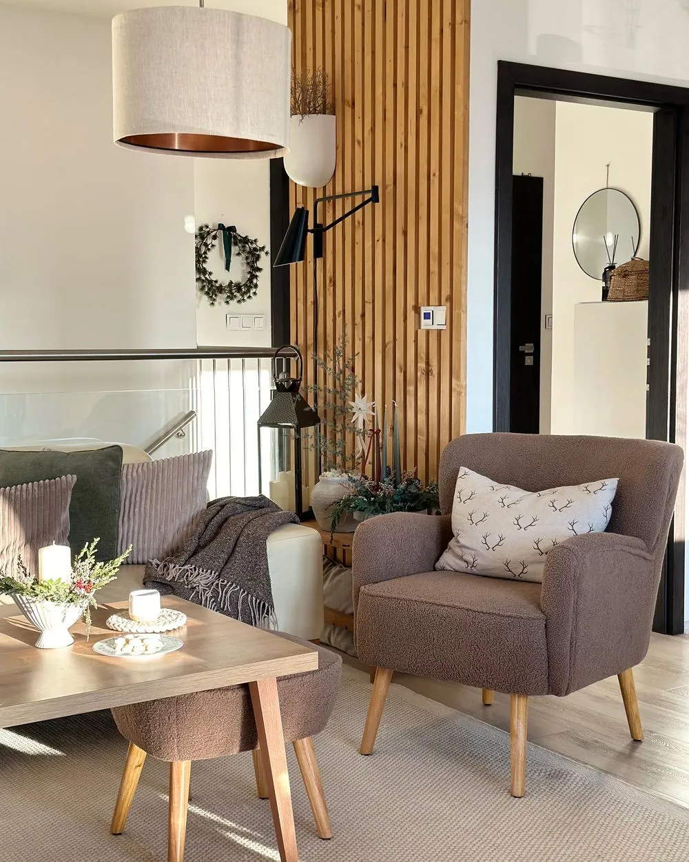 Armchair TUMBA with Footstool Boucle Brown
