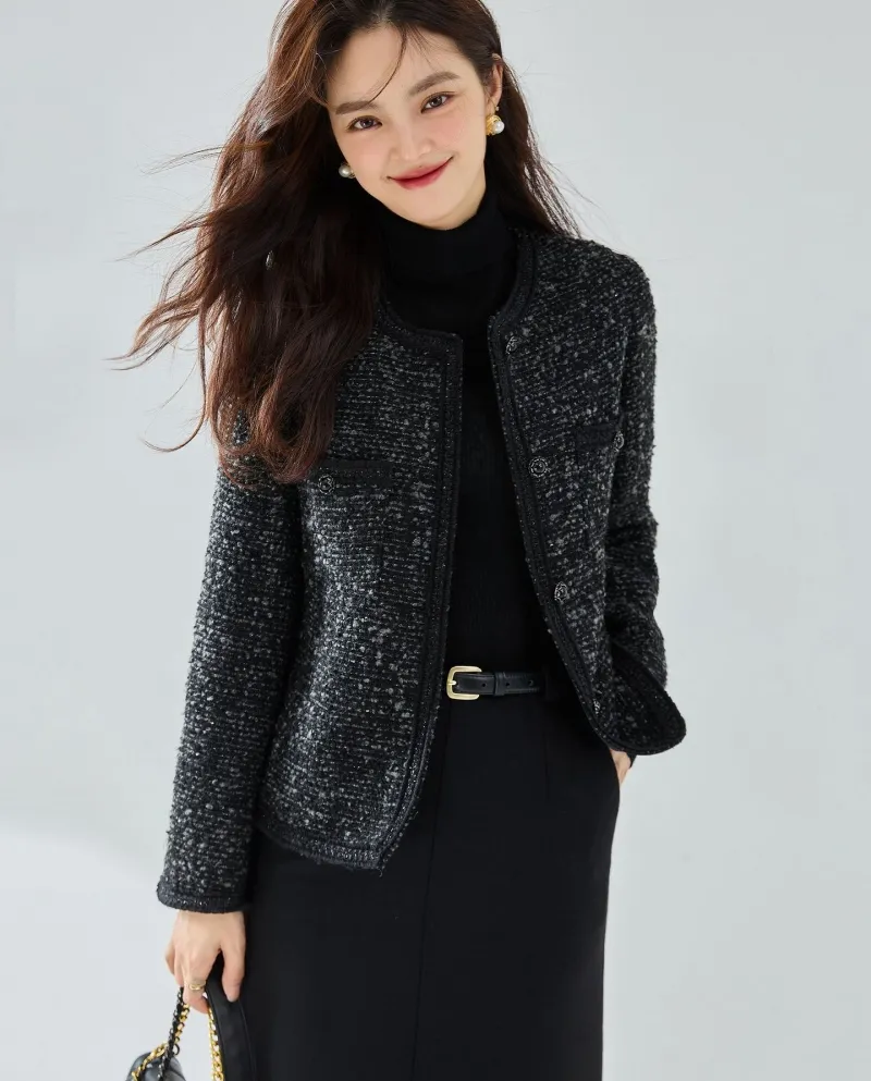 Autunno 23 Giacca classica elegante in tweed di lana nera elegante e profumata, top da donna rifinito a mano 15422