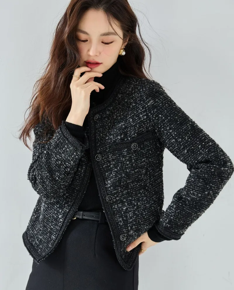 Autunno 23 Giacca classica elegante in tweed di lana nera elegante e profumata, top da donna rifinito a mano 15422