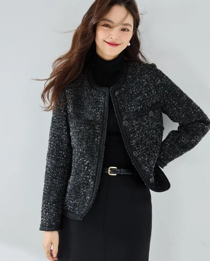 Autunno 23 Giacca classica elegante in tweed di lana nera elegante e profumata, top da donna rifinito a mano 15422