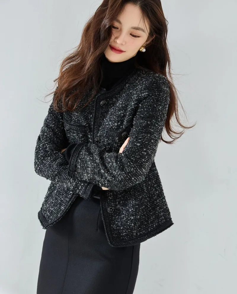 Autunno 23 Giacca classica elegante in tweed di lana nera elegante e profumata, top da donna rifinito a mano 15422