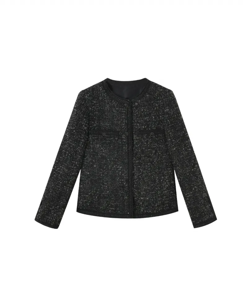 Autunno 23 Giacca classica elegante in tweed di lana nera elegante e profumata, top da donna rifinito a mano 15422