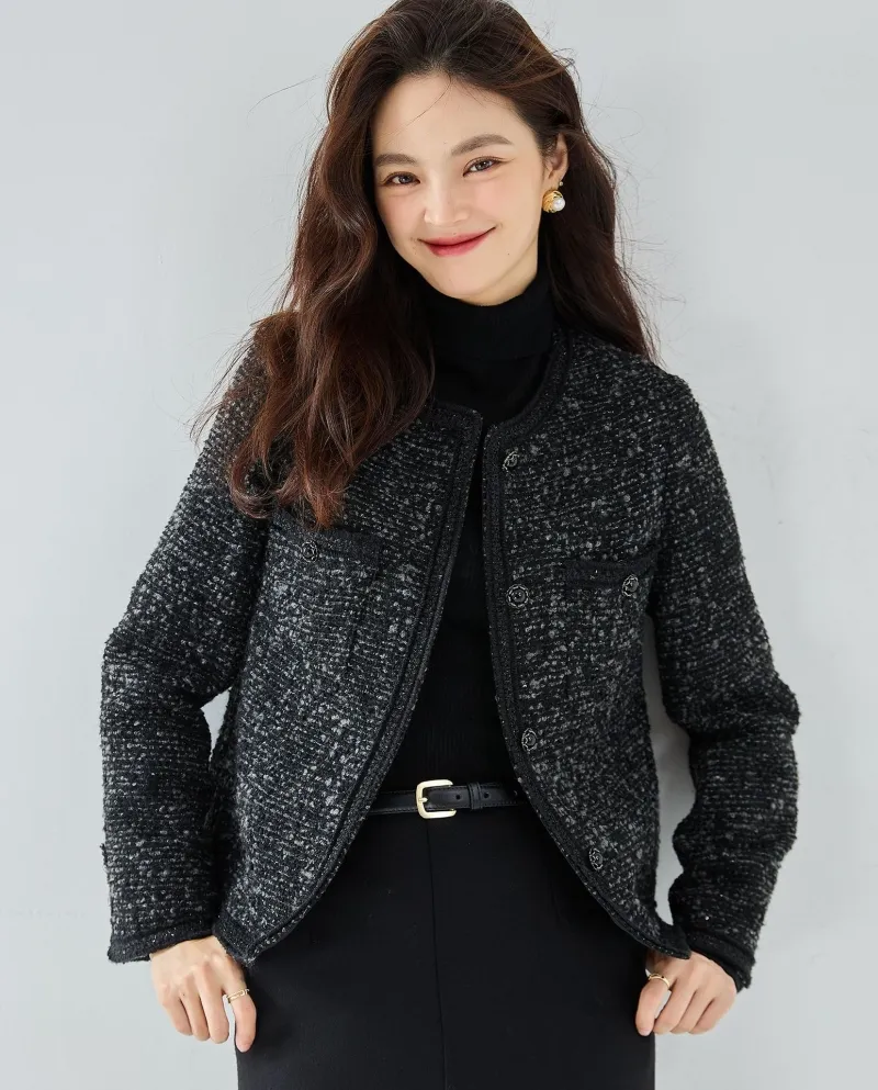 Autunno 23 Giacca classica elegante in tweed di lana nera elegante e profumata, top da donna rifinito a mano 15422