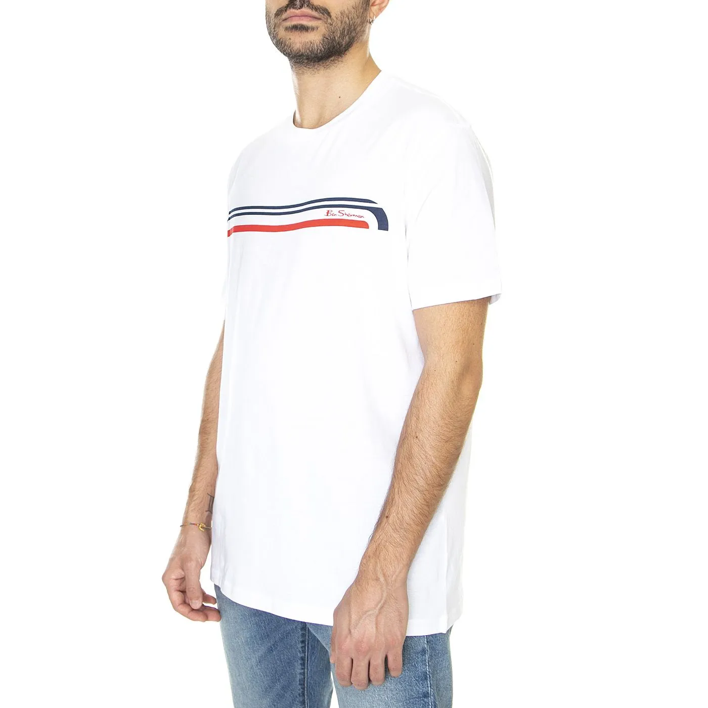 Ben Sherman Printed Chest Stripe Tee White - Maglietta Girocollo Uomo Bianca    