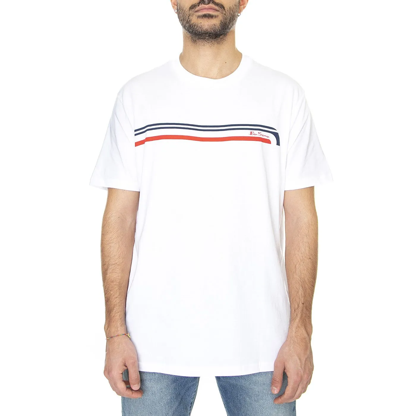 Ben Sherman Printed Chest Stripe Tee White - Maglietta Girocollo Uomo Bianca    