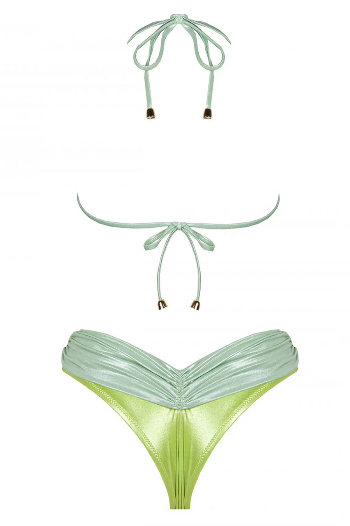 Bikini donna top a triangolo con drappeggio su coppa e slip brasiliana a V con laterali alti