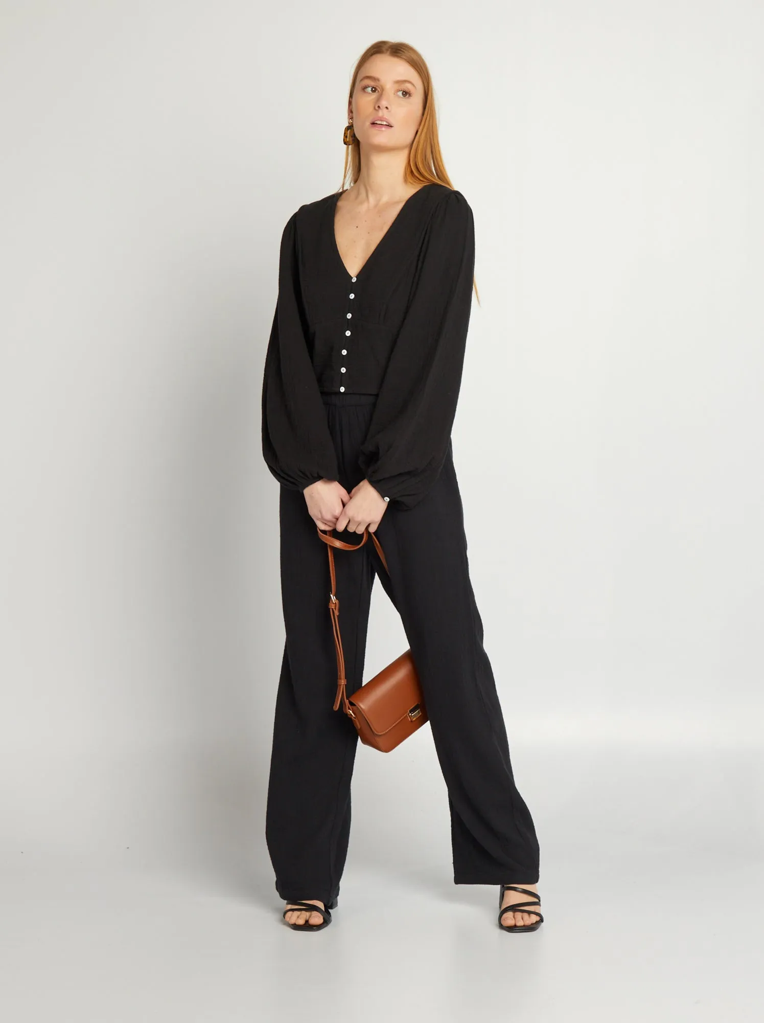 Blusa crop top in garza di cotone - nero