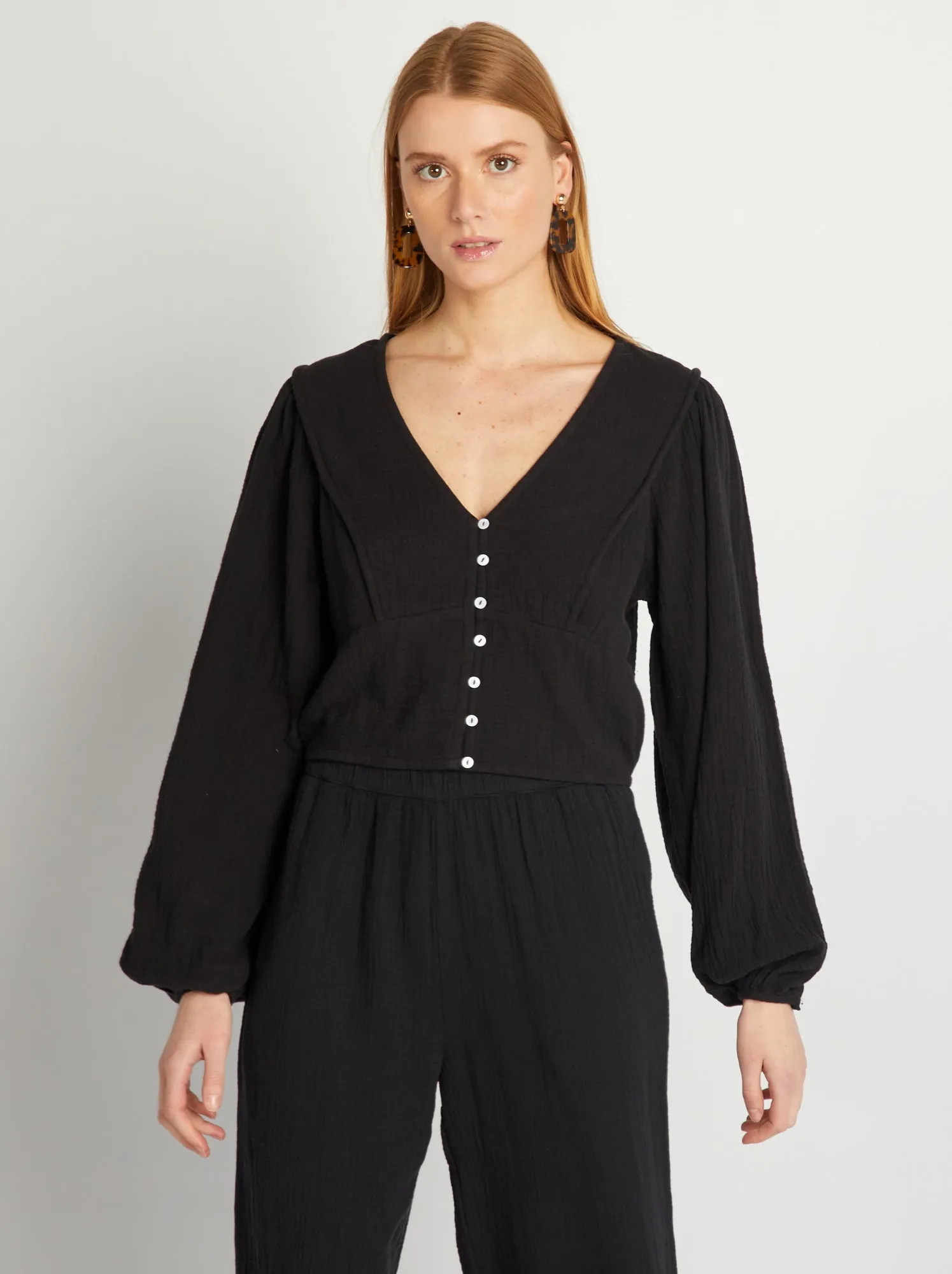 Blusa crop top in garza di cotone - nero