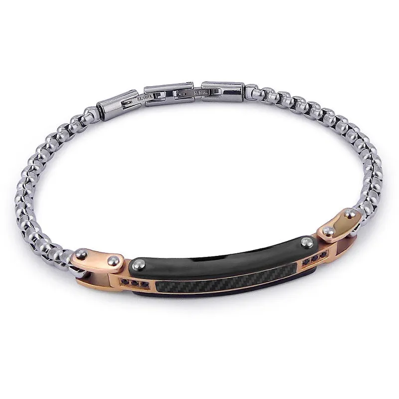 Bracciale Uomo BOCCADAMO MAN in acciaio PVD oro rosa e Piastrina centrale con Zirconi neri