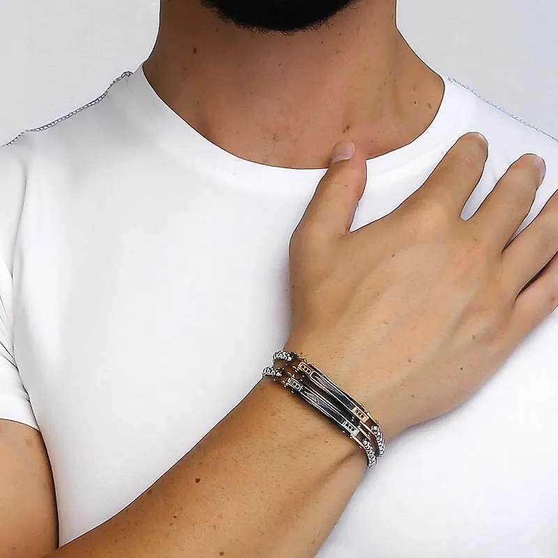 Bracciale Uomo BOCCADAMO MAN in acciaio PVD oro rosa e Piastrina centrale con Zirconi neri