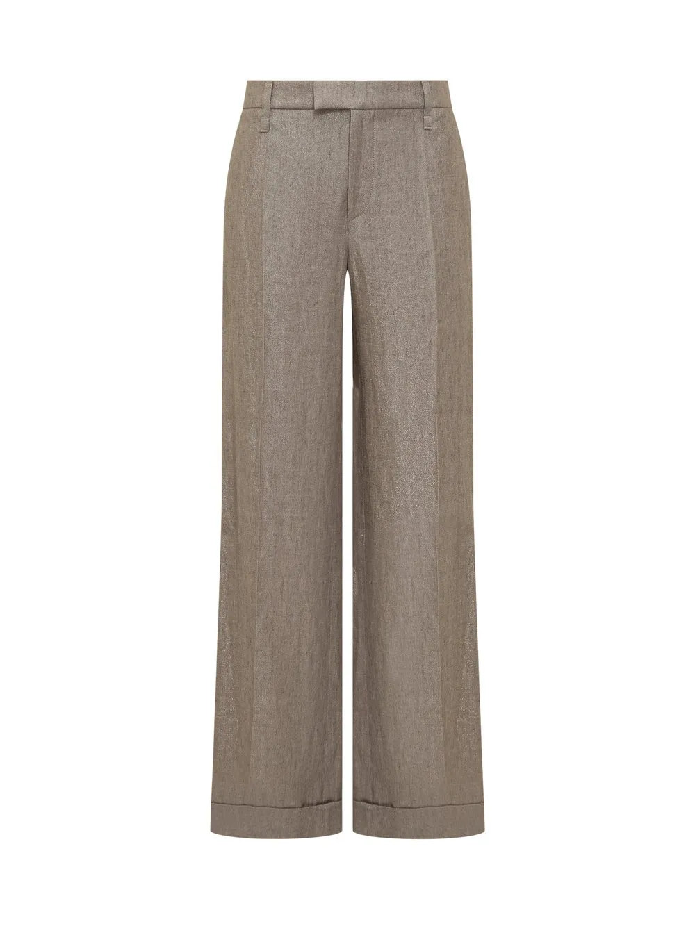 BRUNELLO CUCINELLI Pantalone Loose Flared in Twill Sparkling di Lino con Monile 