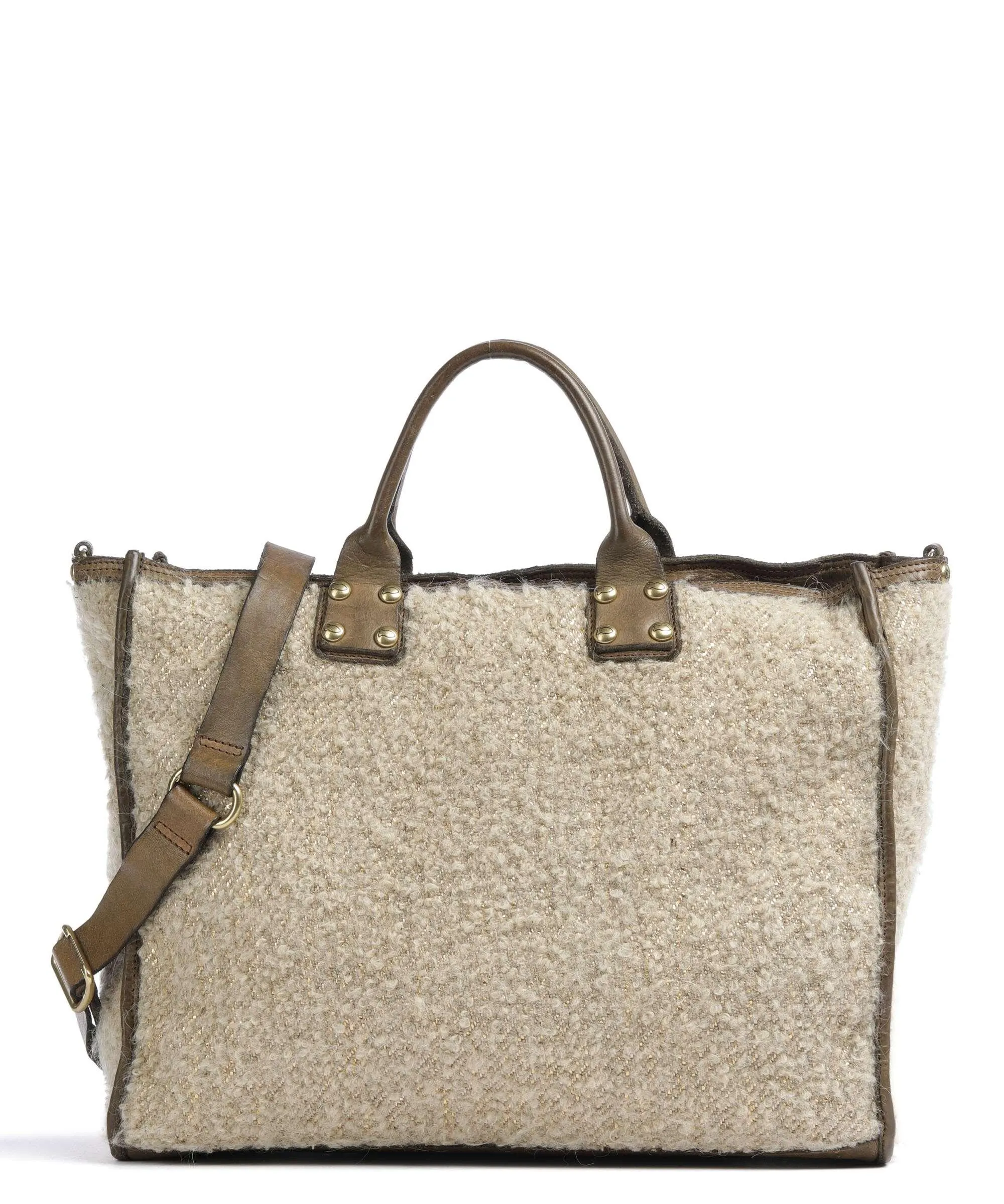  Campomaggi Borsa a mano pelle di vacchetta grana, eco-pelliccia verde-oliva  